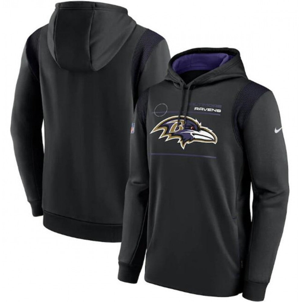 Men's Baltimore Ravens 2021 Black Sideline Logo Performance Pullover Hoodie 