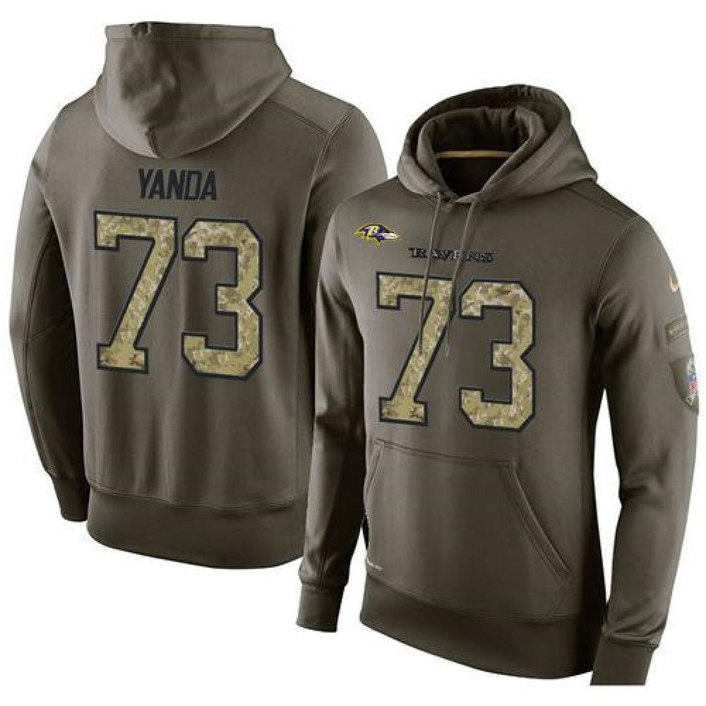 NFL Men's Baltimore Ravens #73 Marshal Yanda Stitched Green Olive Salute To Service KO Performance Hoodie 