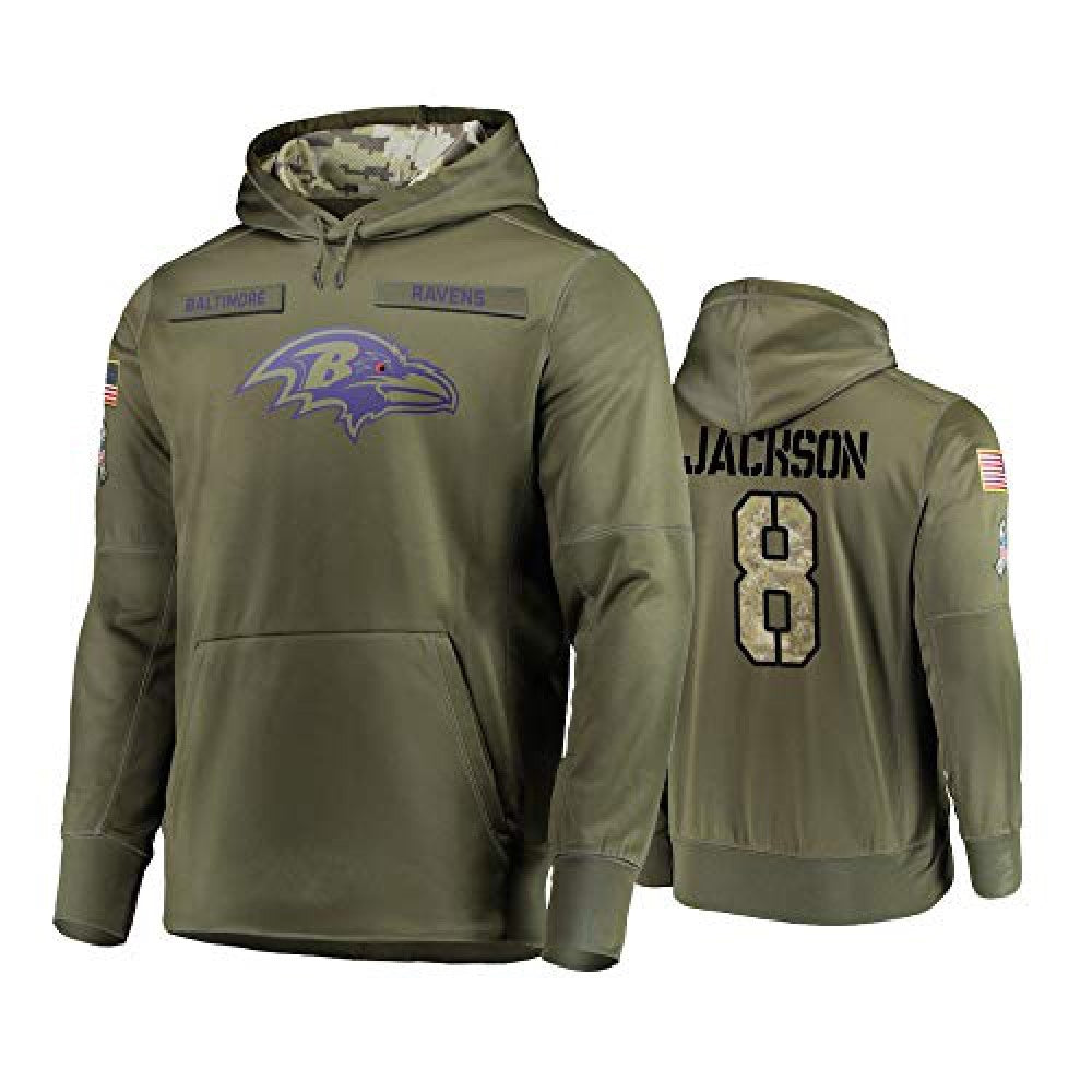 Men's Baltimore Ravens #8 Lamar Jackson 2019 Olive Salute To Service Sideline Therma Performance Pullover Hoodie 
