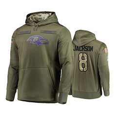 Men's Baltimore Ravens #8 Lamar Jackson 2019 Olive Salute To Service Sideline Therma Performance Pullover Hoodie 