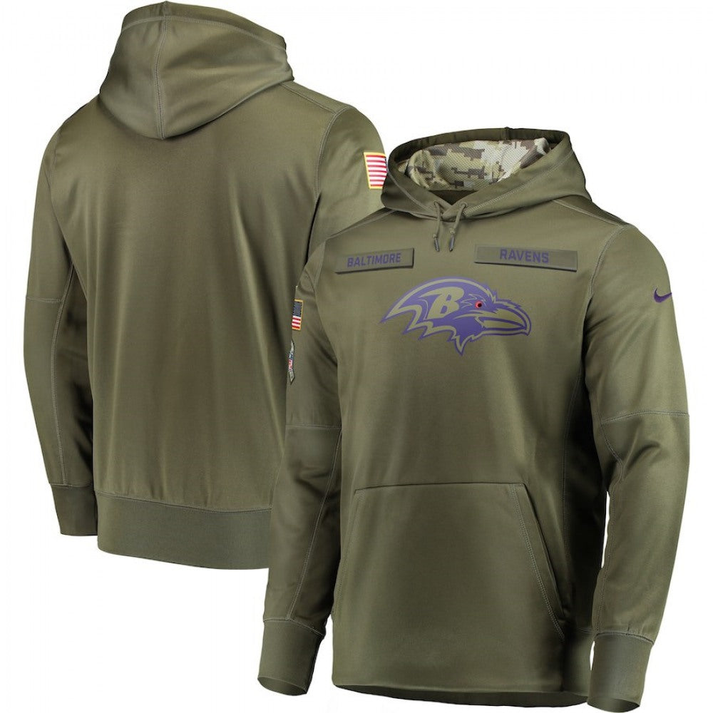 Men's Baltimore Ravens 2018 Olive Salute to Service Sideline Therma Performance Pullover Stitched NFL Hoodie 