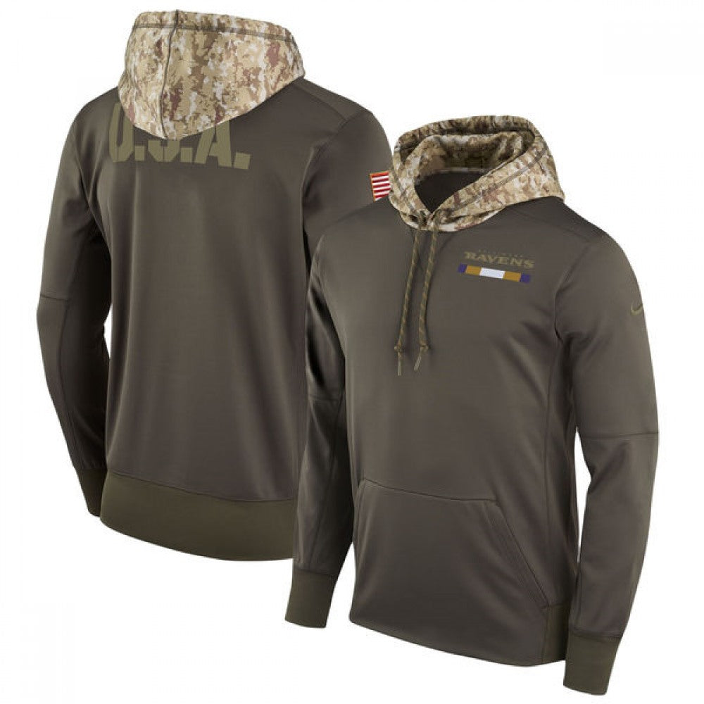 Men's Baltimore Ravens Olive Salute to Service Sideline Therma Pullover Hoodie 