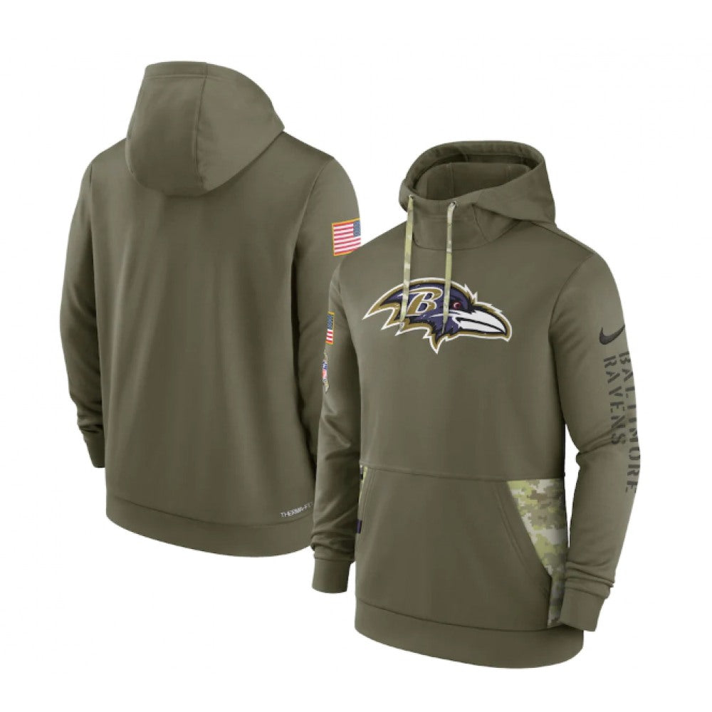 Men's Baltimore Ravens 2022 Olive Salute to Service Therma Performance Pullover Hoodie 