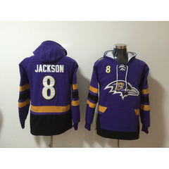 Men's Baltimore Ravens #8 Lamar Jackson Purple All Stitched NFL Hoodie Sweatshirt 