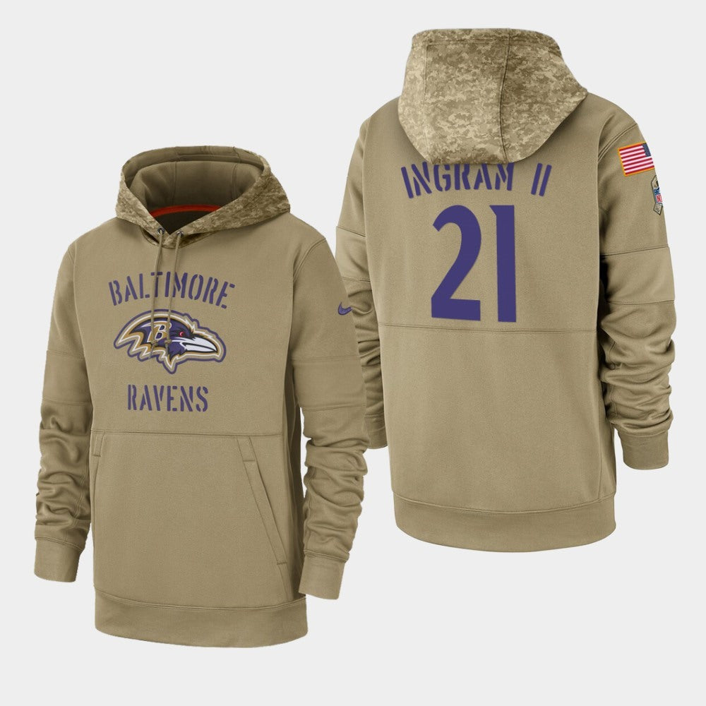 Men's Baltimore Ravens #21 Mark Ingram II 2019 Tan Salute To Service Sideline Therma Performance Pullover Hoodie 