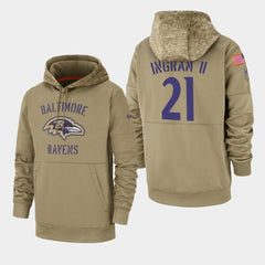 Men's Baltimore Ravens #21 Mark Ingram II 2019 Tan Salute To Service Sideline Therma Performance Pullover Hoodie 