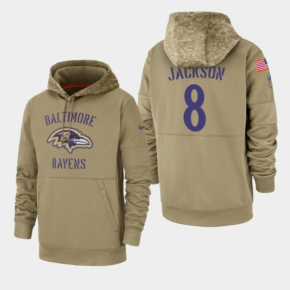 Men's Baltimore Ravens #8 Lamar Jackson 2019 Tan Salute To Service Sideline Therma Performance Pullover Hoodie 