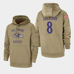 Men's Baltimore Ravens #8 Lamar Jackson 2019 Tan Salute To Service Sideline Therma Performance Pullover Hoodie 
