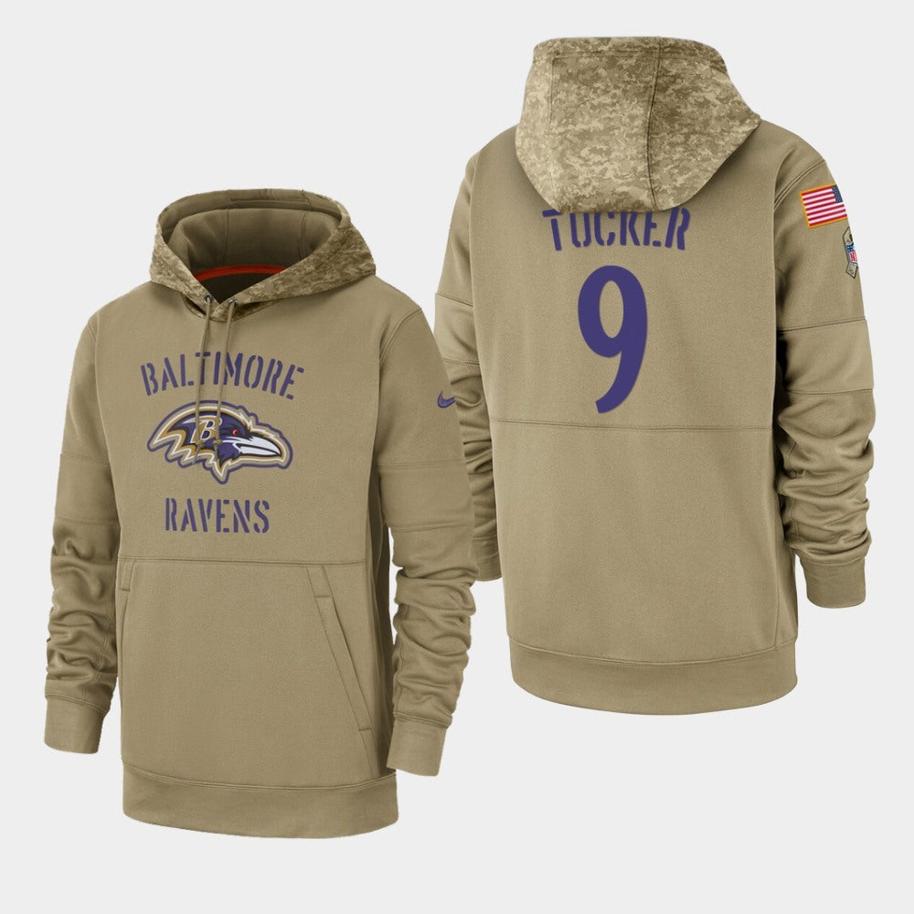 Men's Baltimore Ravens #9 Justin Tucker 2019 Tan Salute To Service Sideline Therma Performance Pullover Hoodie 