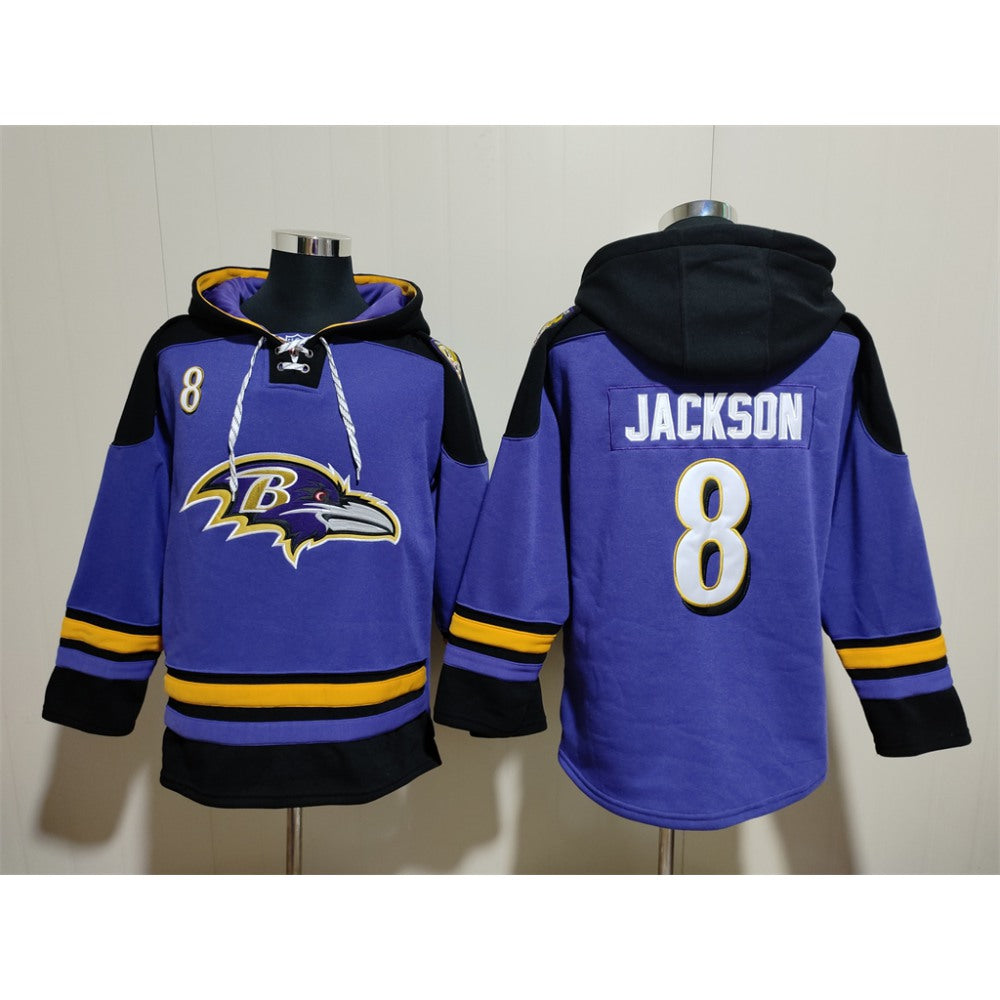 Men's Baltimore Ravens #8 Lamar Jackson Ageless Must-Have Lace-Up Pullover Hoodie 