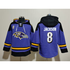 Men's Baltimore Ravens #8 Lamar Jackson Ageless Must-Have Lace-Up Pullover Hoodie 