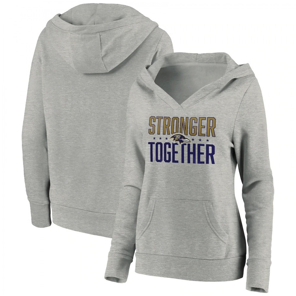 Women's Baltimore Ravens Heather Gray Stronger Together Crossover Neck Pullover Hoodie(Run Small) 