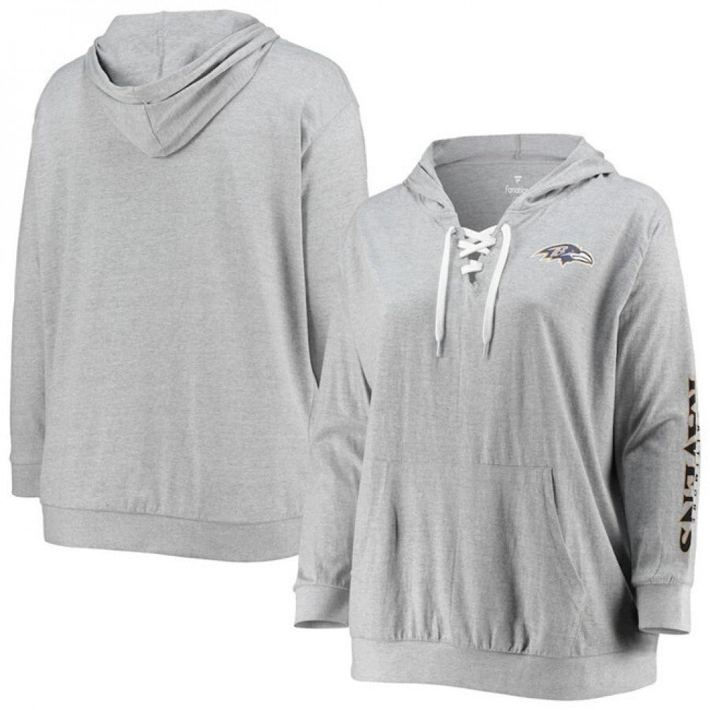 Women's Baltimore Ravens Heathered Gray Plus Size Lace-Up Pullover Hoodie 