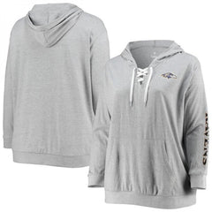 Women's Baltimore Ravens Heathered Gray Plus Size Lace-Up Pullover Hoodie 