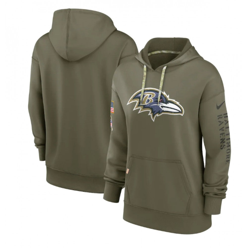 Women's Baltimore Ravens 2022 Olive Salute to Service Therma Performance Pullover Hoodie(Run Small) 
