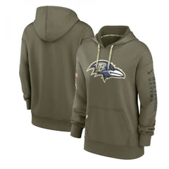 Women's Baltimore Ravens 2022 Olive Salute to Service Therma Performance Pullover Hoodie(Run Small) 