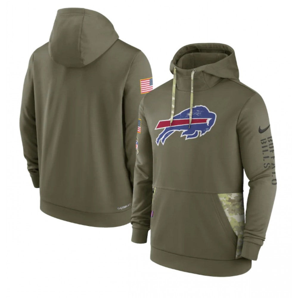 Men's Buffalo Bills 2022 Olive Salute to Service Therma Performance Pullover Hoodie 