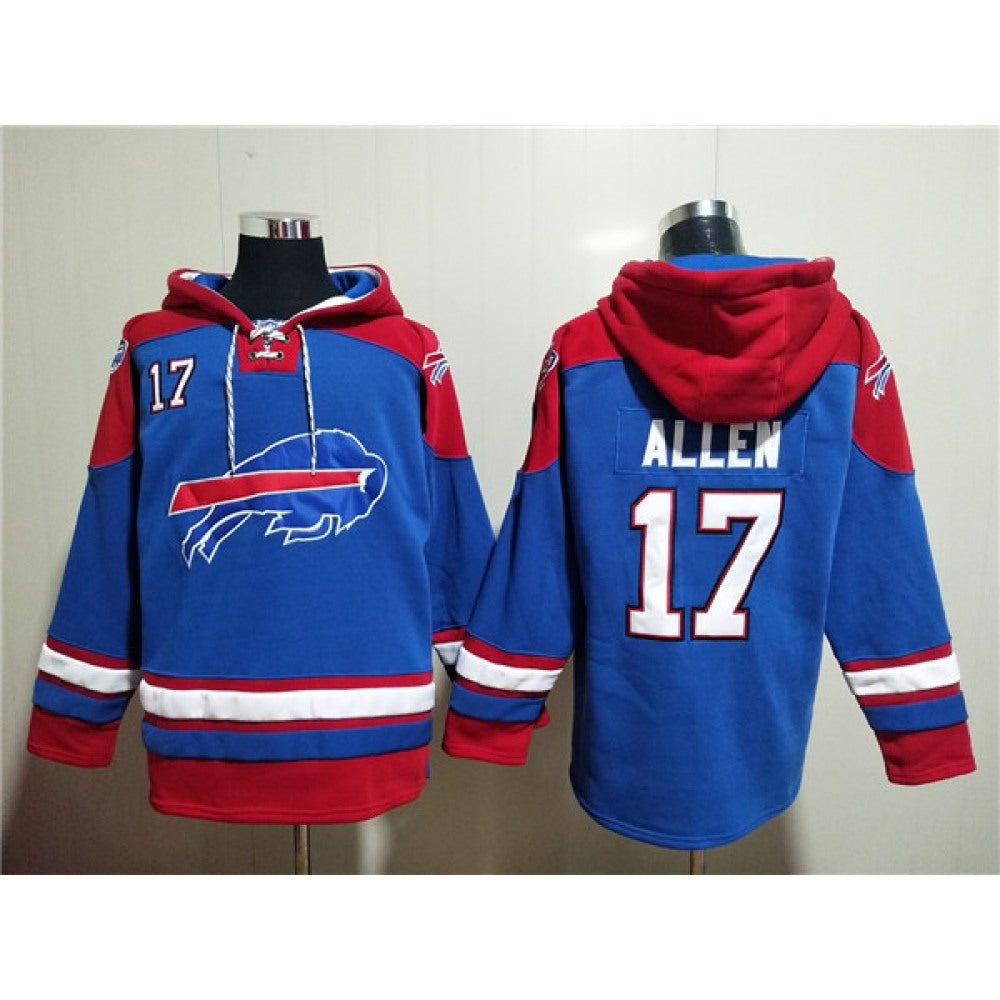 Men's Buffalo Bills #17 Josh Allen Red/Blue Ageless Must-Have Lace-Up Pullover Hoodie 
