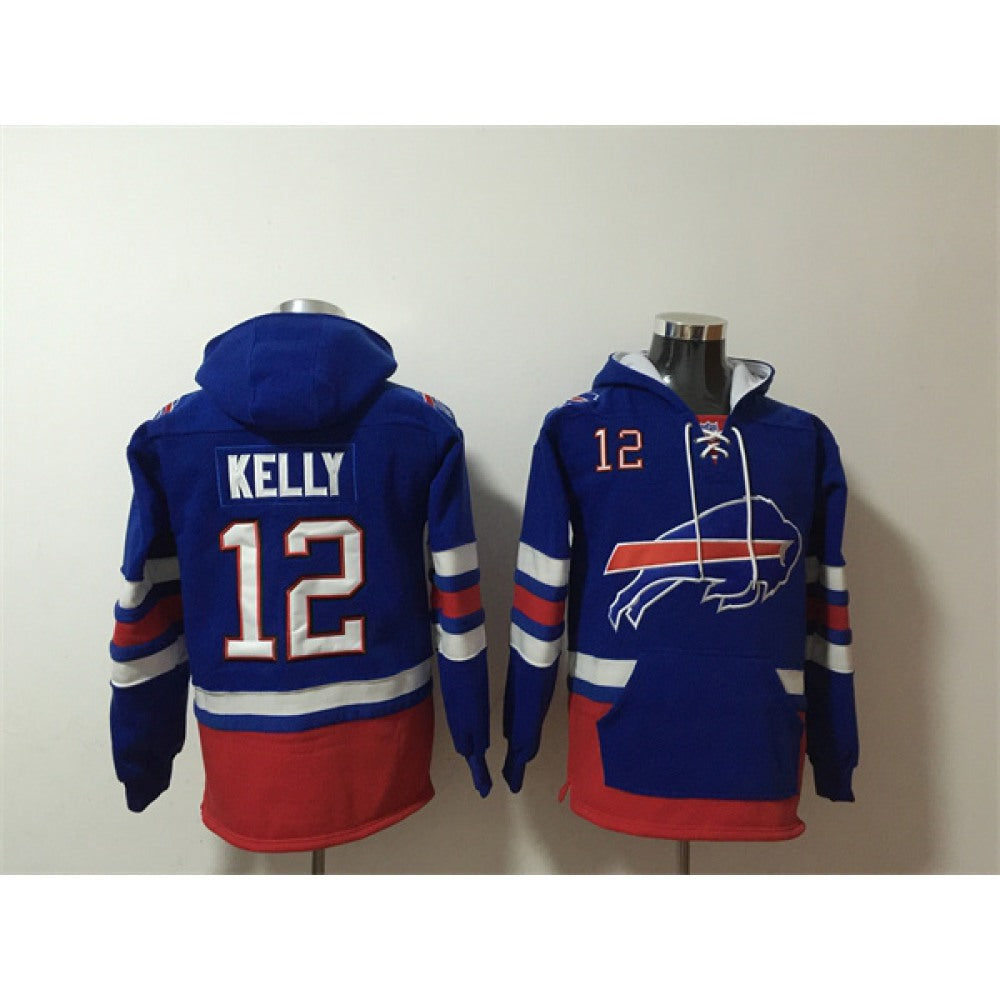 Men's Buffalo Bills #12 Jim Kelly Royal Ageless Must-Have Lace-Up Pullover Hoodie 