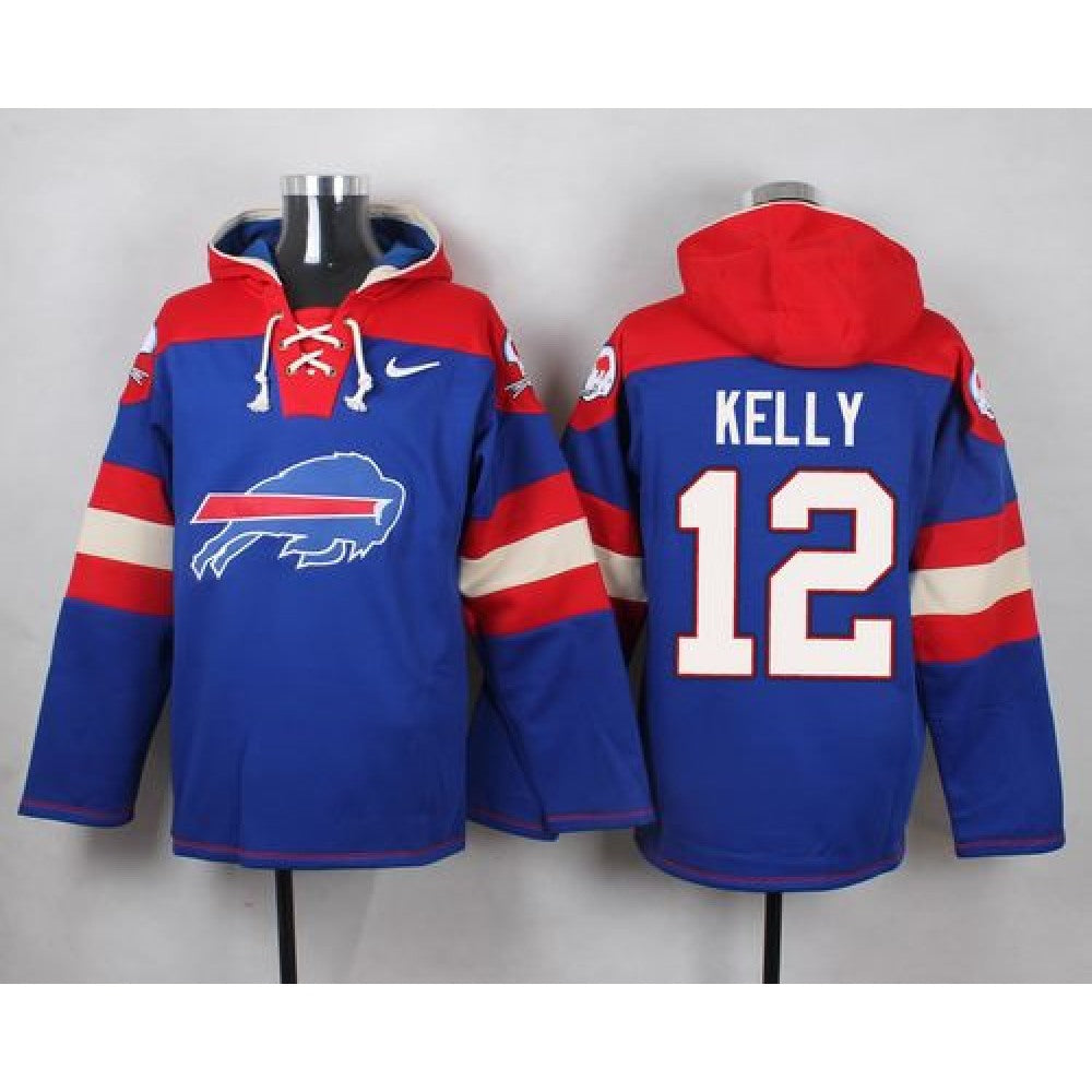 Bills #12 Jim Kelly Royal Blue Player Pullover NFL Hoodie 