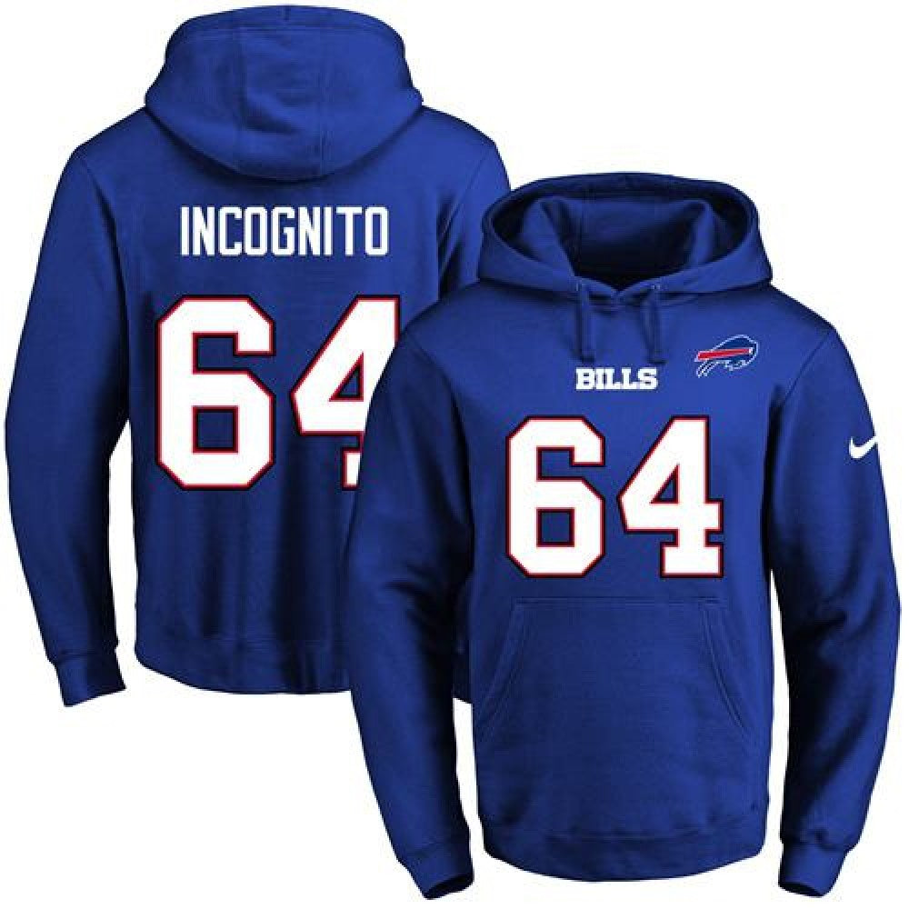 Bills #64 Richie Incognito Royal Blue Name & Number Pullover NFL Hoodie 