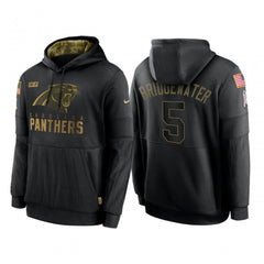 Men's Carolina Panthers #5 Teddy Bridgewater 2020 Black Salute to Service Sideline Performance Pullover Hoodie 