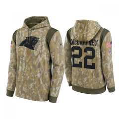 Men's Carolina Panthers #22 Christian McCaffrey Camo 2021 Salute To Service Therma Performance Pullover Hoodie 