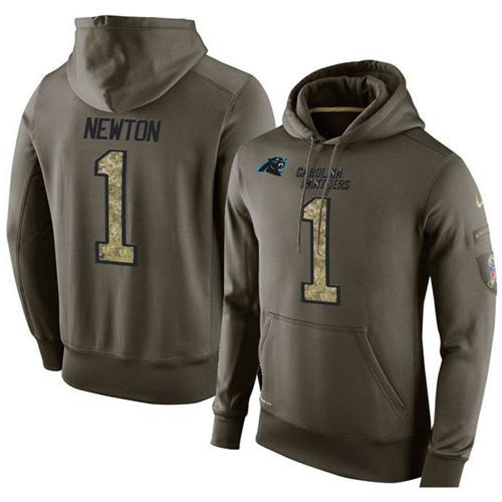 NFL Men's Carolina Panthers #1 Cam Newton Stitched Green Olive Salute To Service KO Performance Hoodie 