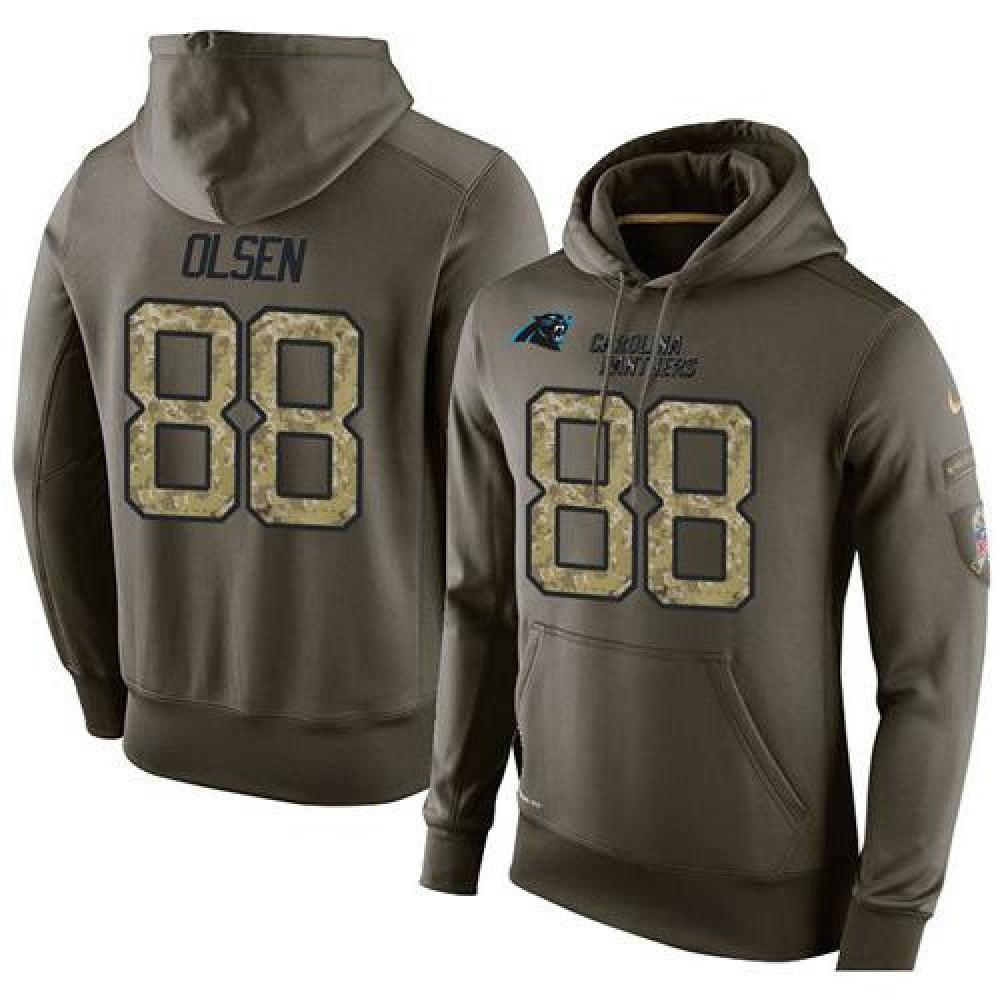 NFL Men's Carolina Panthers #88 Greg Olsen Stitched Green Olive Salute To Service KO Performance Hoodie 