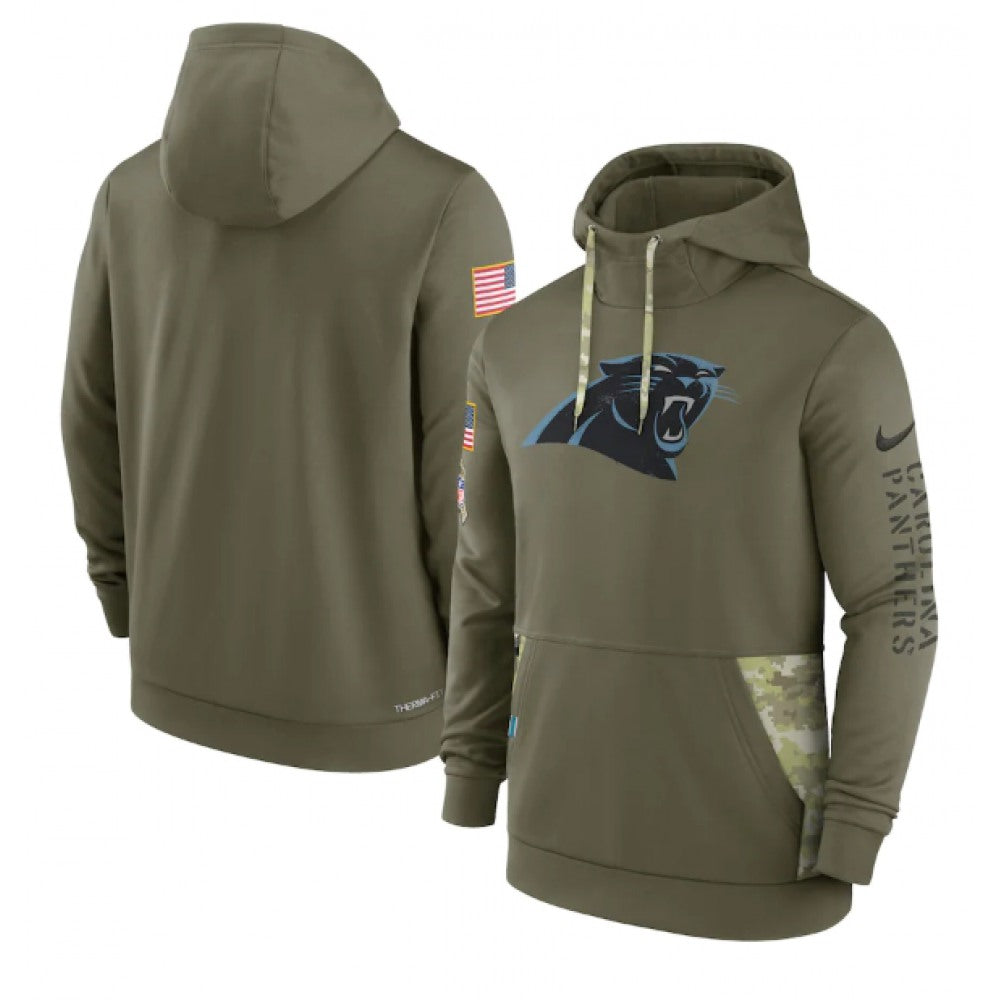 Men's Carolina Panthers 2022 Olive Salute to Service Therma Performance Pullover Hoodie 