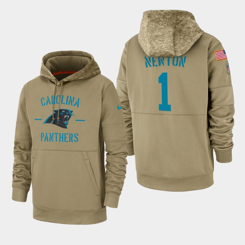 Men's Carolina Panthers #1 Cam Newton Tan 2019 Salute to Service Sideline Therma Pullover Hoodie 