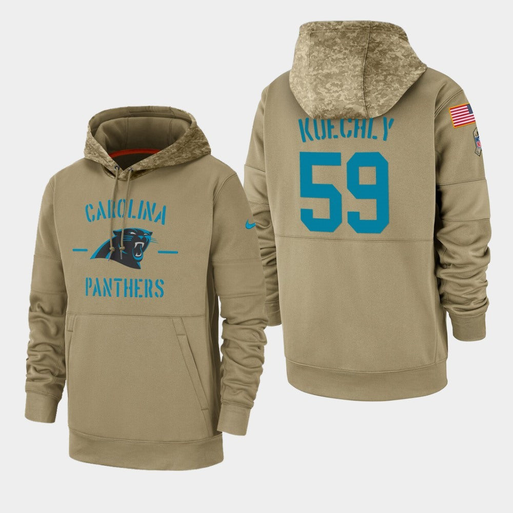 Men's Carolina Panthers #59 Luke Kuechly Tan 2019 Salute to Service Sideline Therma Pullover Hoodie 