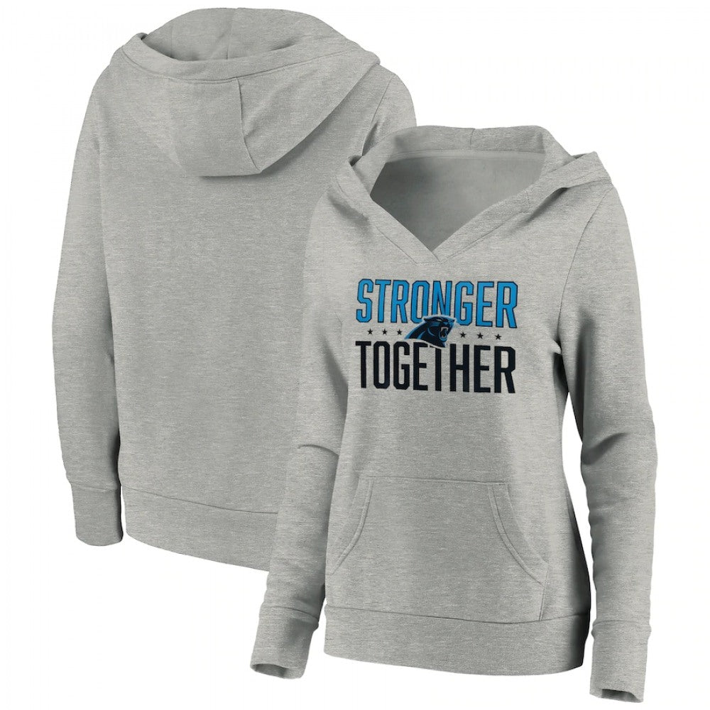 Women's Carolina Panthers Heather Gray Stronger Together Crossover Neck Pullover Hoodie(Run Small) 