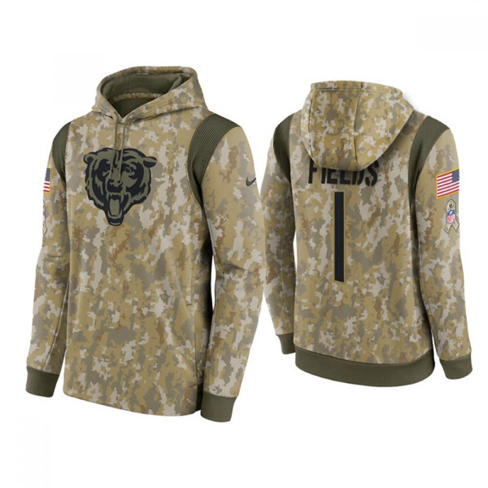 Men's Chicago Bears #1 Justin Fields Camo 2021 Salute To Service Therma Performance Pullover Hoodie 