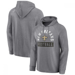 Men's New Orleans Saints Heathered Gray No Time Off Raglan Pullover Hoodie 