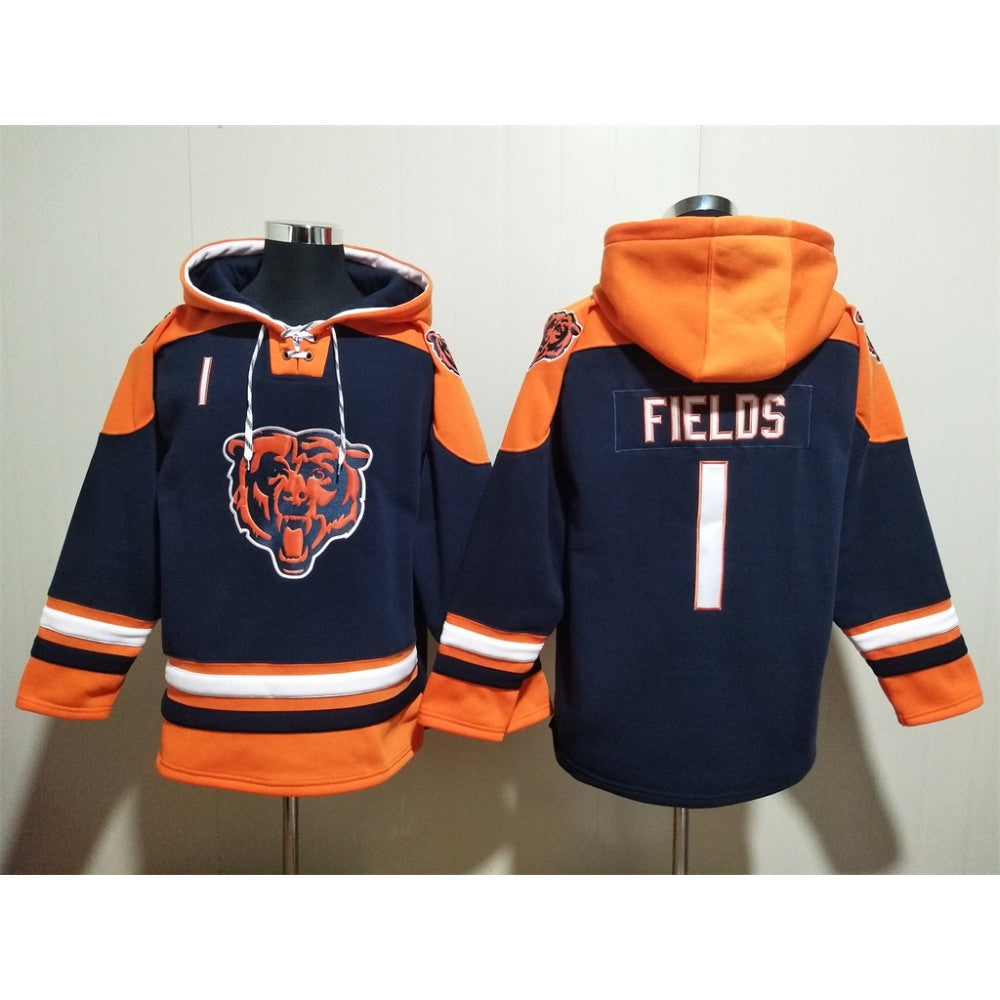 Men's Chicago Bears #1 Justin Fields Navy Ageless Must-Have Lace-Up Pullover Hoodie 