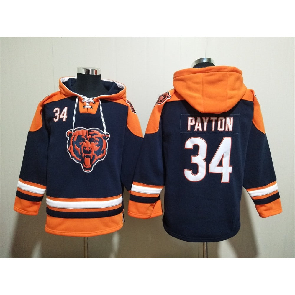 Men's Chicago Bears #34 Walter Payton Navy Ageless Must-Have Lace-Up Pullover Hoodie 