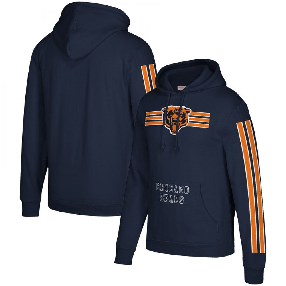 Men's Chicago Bears 2019 Navy Mitchell & Ness Three Stripe Pullover Hoodie 