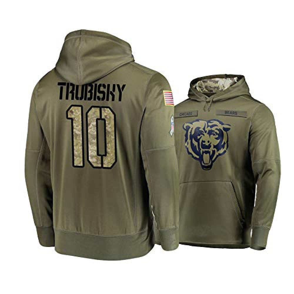 Men's Chicago Bears #10 Mitchell Trubisky 2019 Olive Salute To Service Sideline Therma Performance Pullover Hoodie 