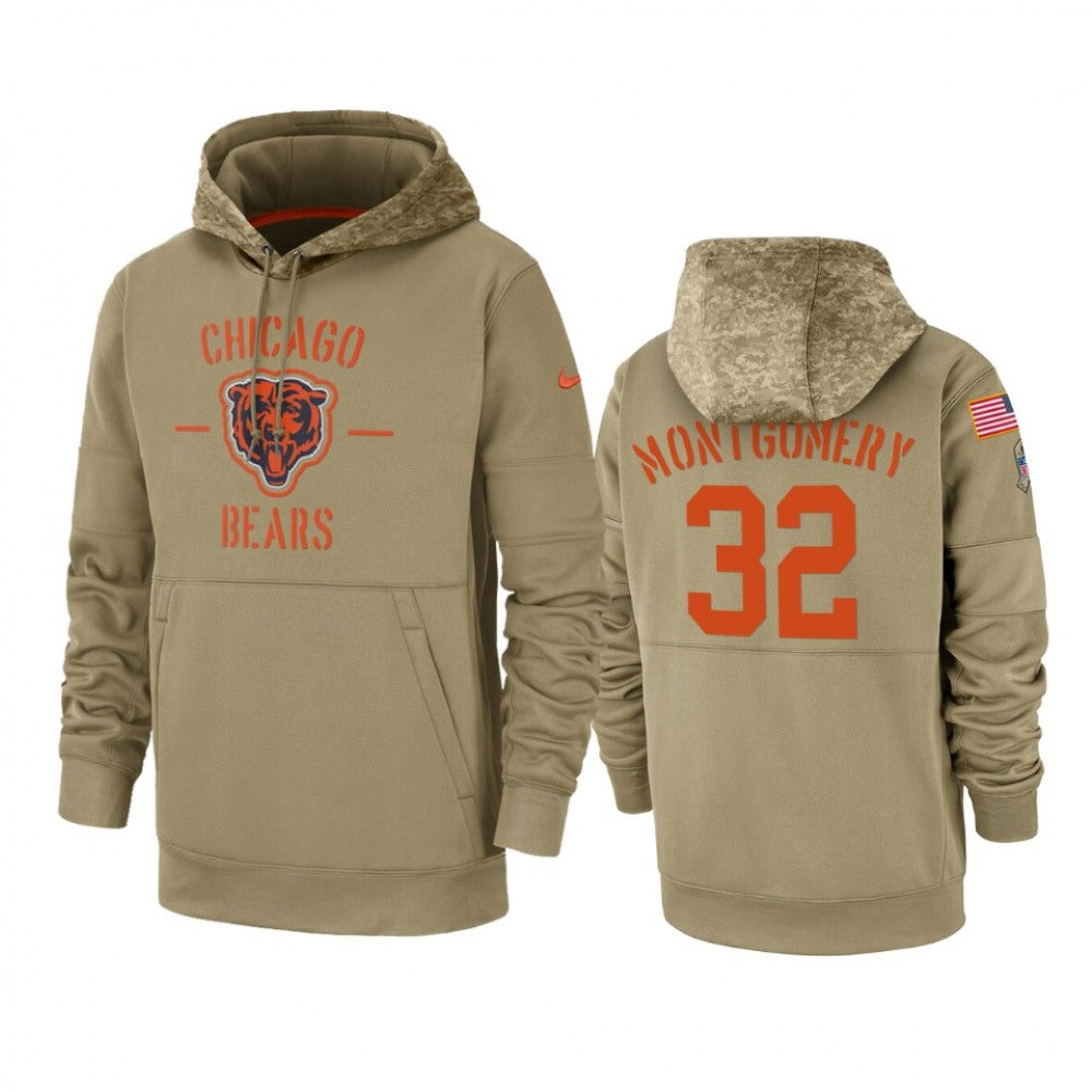 Men's Chicago Bears #32 David Montgomery Tan 2019 Salute to Service Sideline Therma Pullover Hoodie 