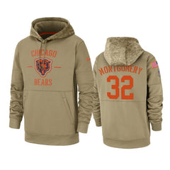 Men's Chicago Bears #32 David Montgomery Tan 2019 Salute to Service Sideline Therma Pullover Hoodie 