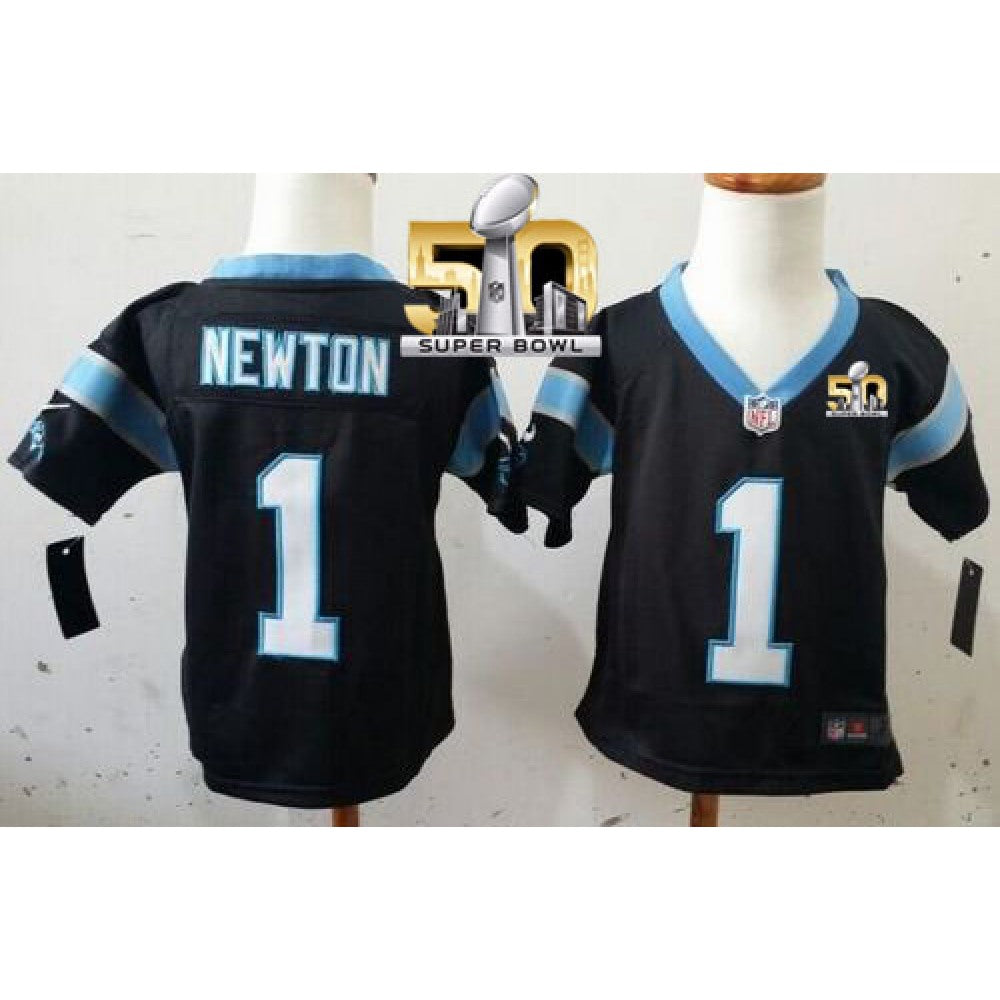Toddler Panthers #1 Cam Newton Black Team Color Super Bowl 50 Stitched NFL Elite Jersey 