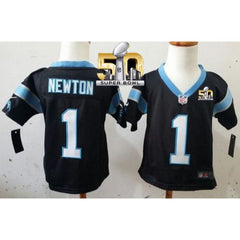 Toddler Panthers #1 Cam Newton Black Team Color Super Bowl 50 Stitched NFL Elite Jersey 