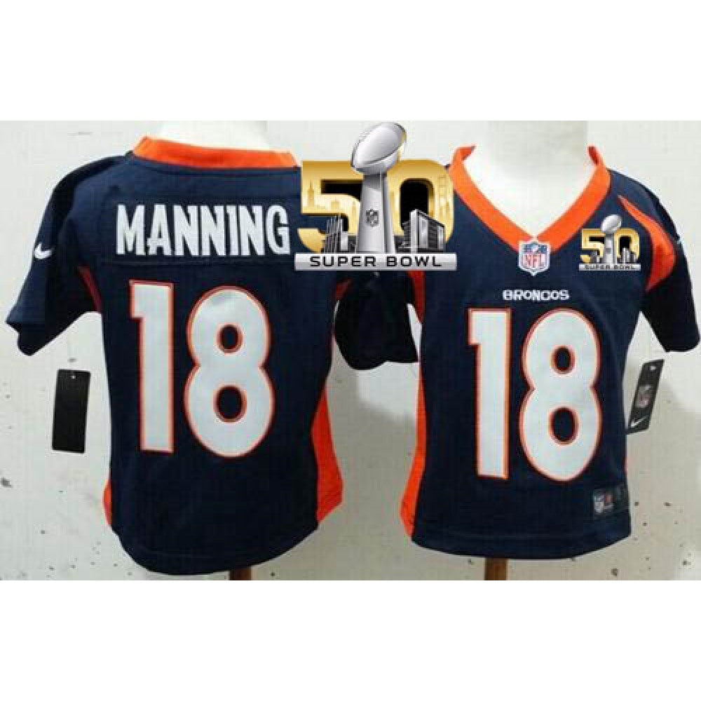 Toddler Broncos #18 Peyton Manning Navy Blue Alternate Super Bowl 50 Stitched NFL Elite Jersey 
