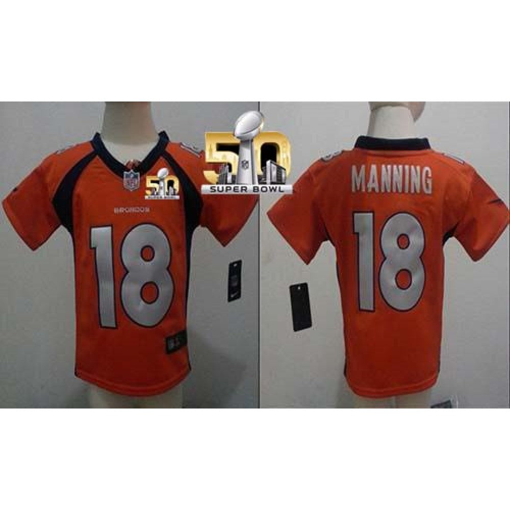Toddler Broncos #18 Peyton Manning Orange Team Color Super Bowl 50 Stitched NFL Elite Jersey 