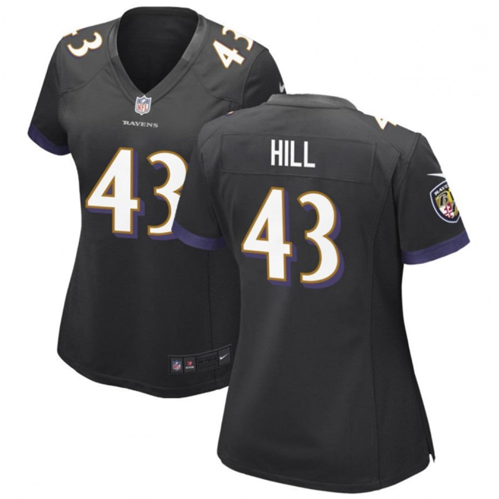 Women's Baltimore Ravens #43 Justice Hill Black Football Jersey(Run Small) 