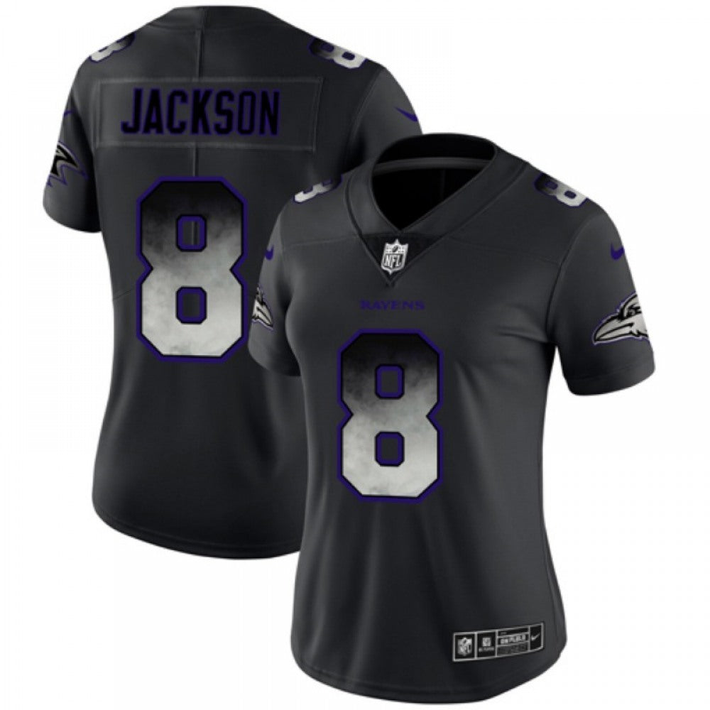 Women's Baltimore Ravens #8 Lamar Jackson Black 2019 Smoke Fashion Limited Stitched NFL Jersey(Run Small) 