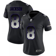 Women's Baltimore Ravens #8 Lamar Jackson Black 2019 Smoke Fashion Limited Stitched NFL Jersey(Run Small) 