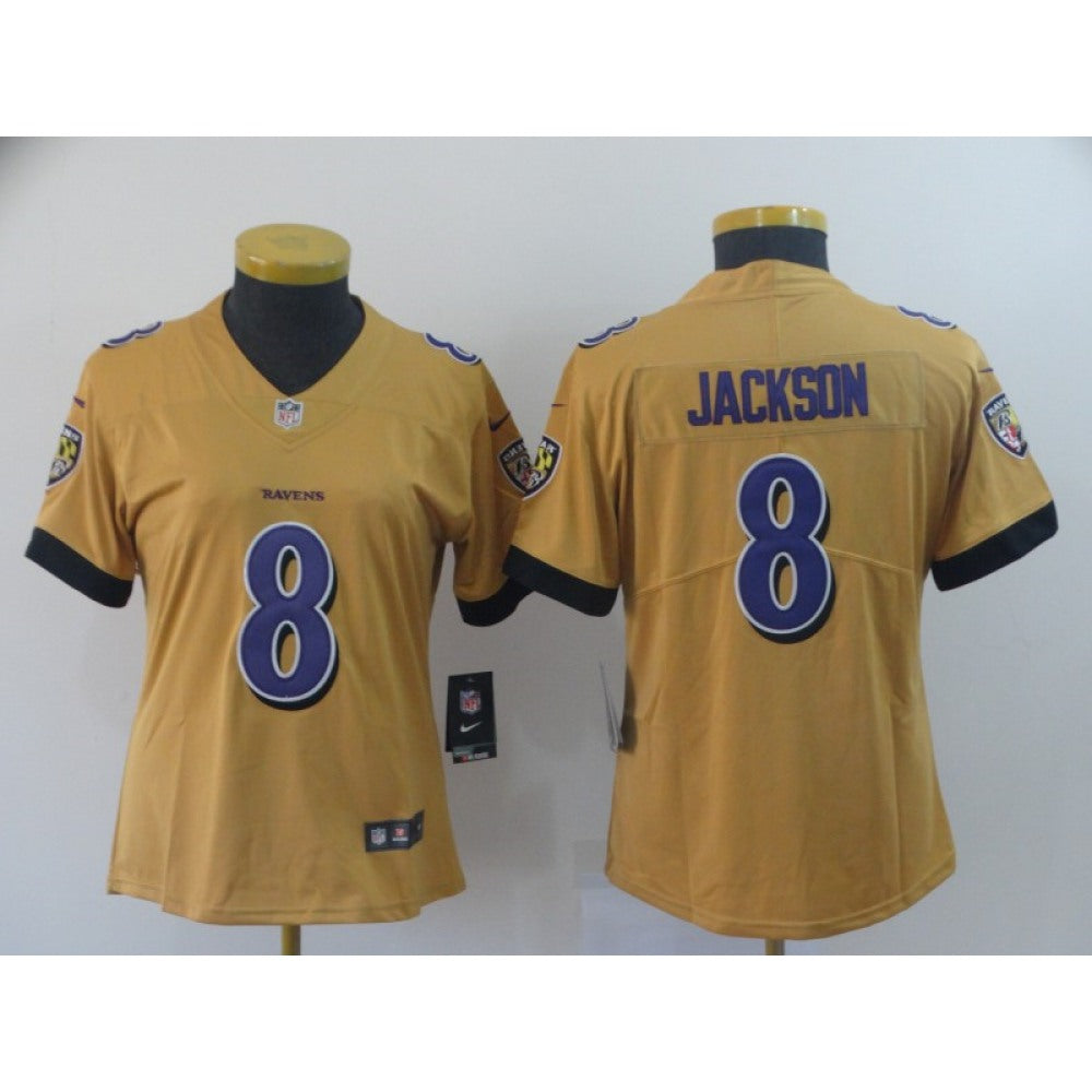 Women's Baltimore Ravens #8 Lamar Jackson Gold Inverted Legend Stitched NFL Jersey(Run Small) 