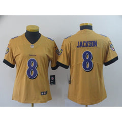 Women's Baltimore Ravens #8 Lamar Jackson Gold Inverted Legend Stitched NFL Jersey(Run Small) 